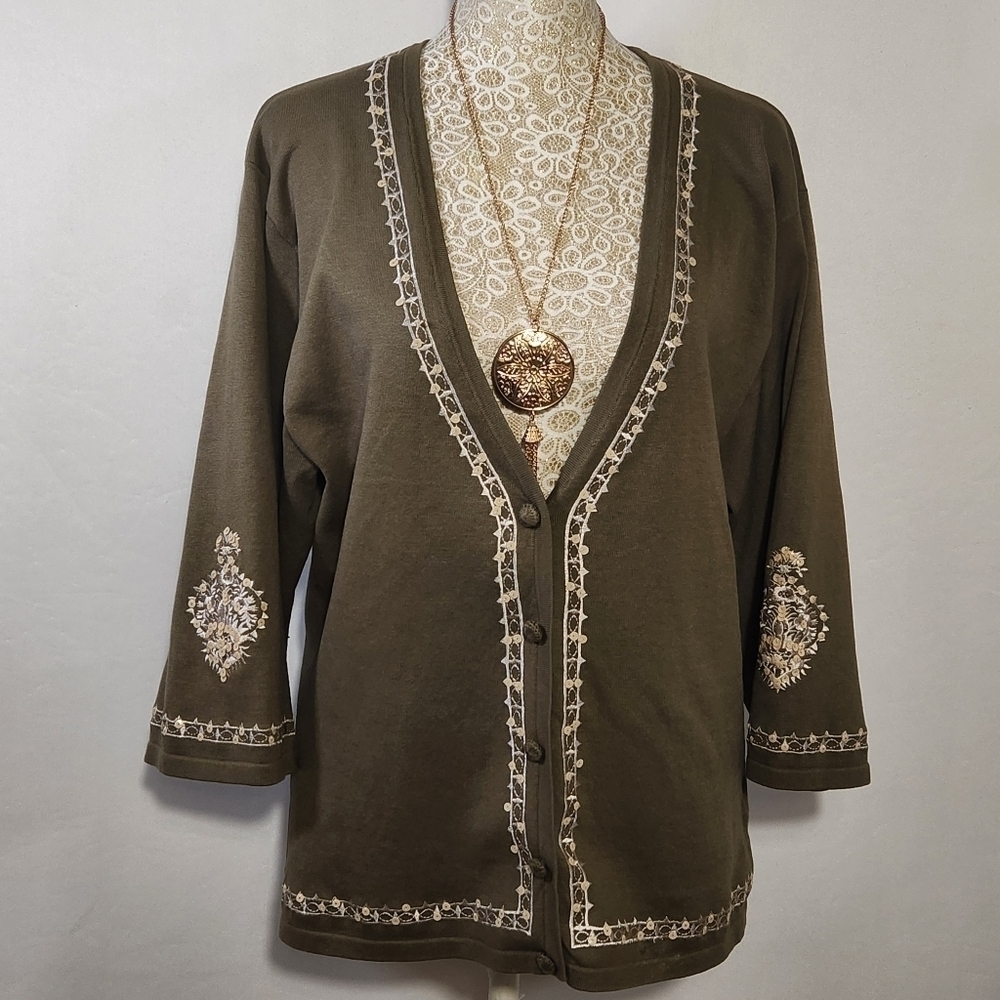 Nygard Collection Cardigan Sweater Olive Sequin Embroidered Kimono Sleeve Silk M